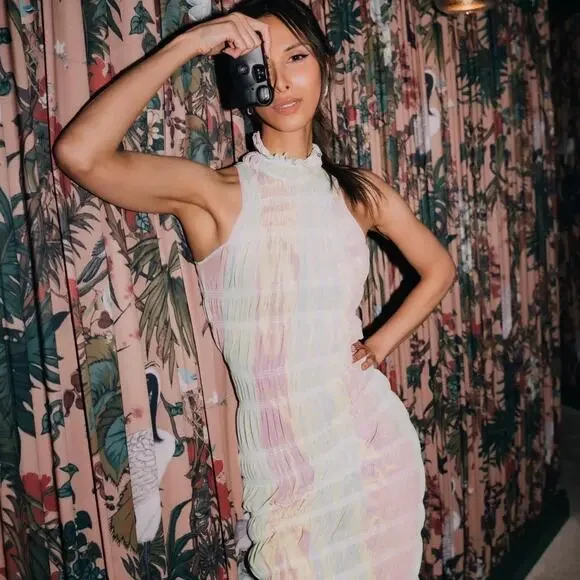 Roberta Einer Rainbow Bodycon Midi Dress Pastel Sheer Medium Large 10 - Picture 6 of 16